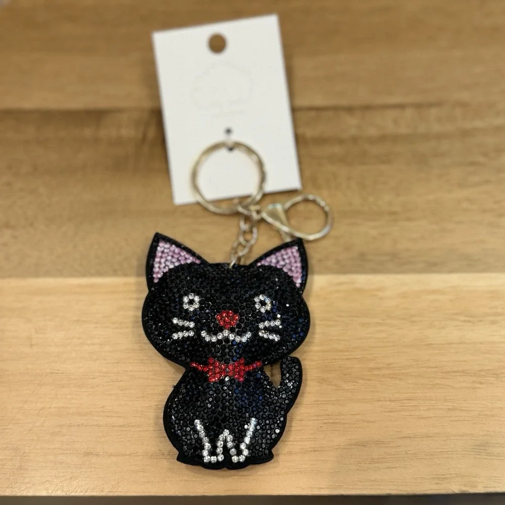 Black Cat Rhinestone Bling Faux Suede Stuffed Key Chain Charm Cat Lover Gift NEW